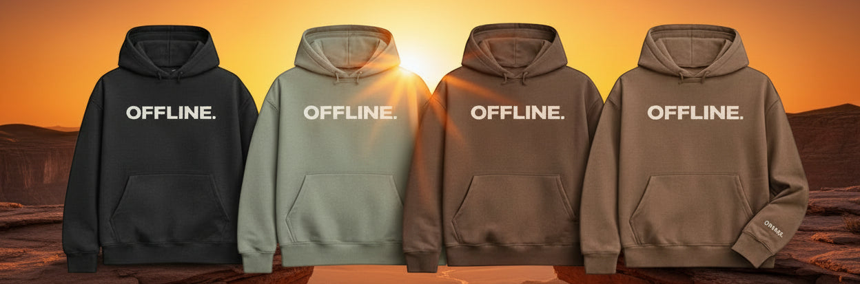 Four hoodies in different colors with 'OFFLINE.' text on a light gray background